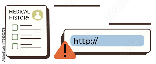 Medical history document beside a URL bar with warning icon, emphasizing data security. Ideal for healthcare, cybersecurity, patient data, error warning, internet safety, privacy breach, simple flat