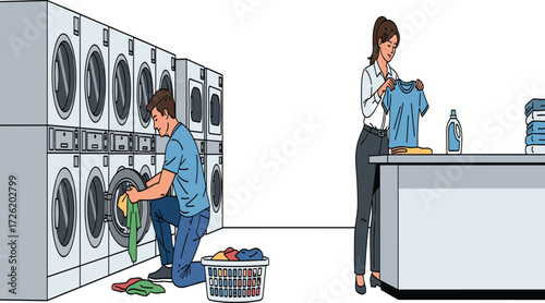 Man loading laundry in washing machine, woman folding clothes at laundromat, self service laundry, cleaning clothing, washing service illustration