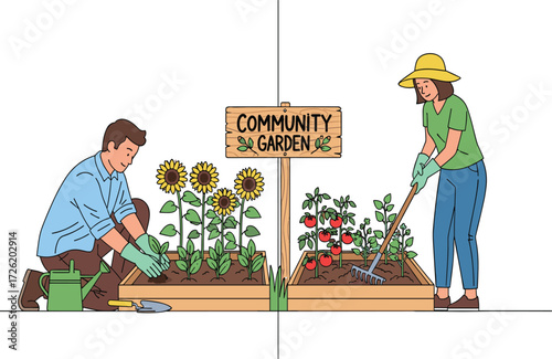 People gardening together in community garden, planting vegetables, growing sunflowers, teamwork, sustainable farming, organic gardening, eco friendly lifestyle illustration