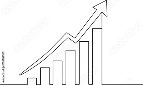 Upward trending bar graph with jagged arrow on white background Keywords: bar chart, graph, arrow, up