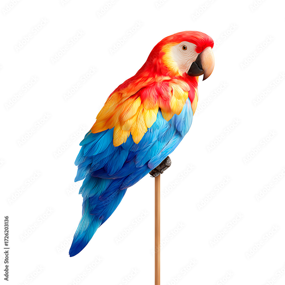 Fototapeta premium Colorful parrot perched on a stick, showcasing vibrant plumage against a clean white background. Transparent background.