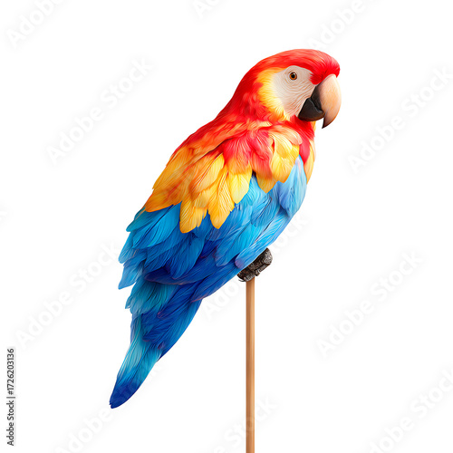 Colorful parrot perched on a stick, showcasing vibrant plumage against a clean white background. Transparent background.