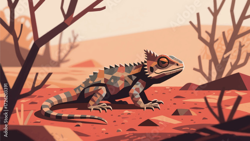 Illustration Of A Small Horned Lizard Camouflaged Against The Red Soil And Dry Bushes Vector Design Template