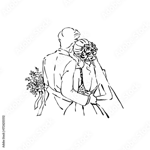 Elegant line art illustration of a bride and groom embracing on their wedding day, a romantic sketch of a newlywed couple from behind