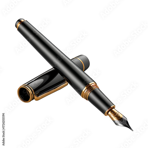 Elegant fountain pen with cap off, gleaming black and gold design, resting on a white surface. . Transparent background.