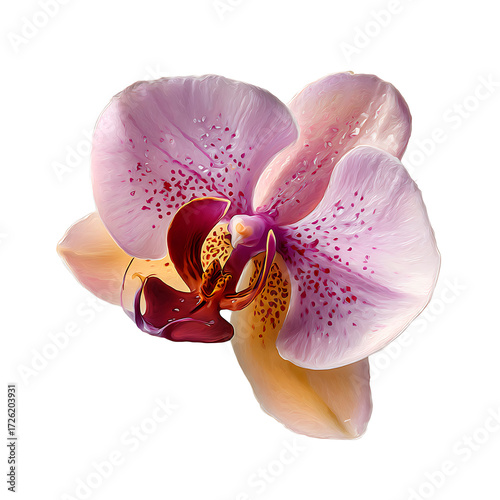 A digitally painted orchid with pink and yellow petals and red spots against a white background. Transparent background.