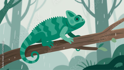 Illustration Of A Large Iguana With Scaly Green Skin Sitting On A Tree Branch In A Humid Forest Vector Design Template