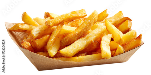 Golden french fries in a paper boat