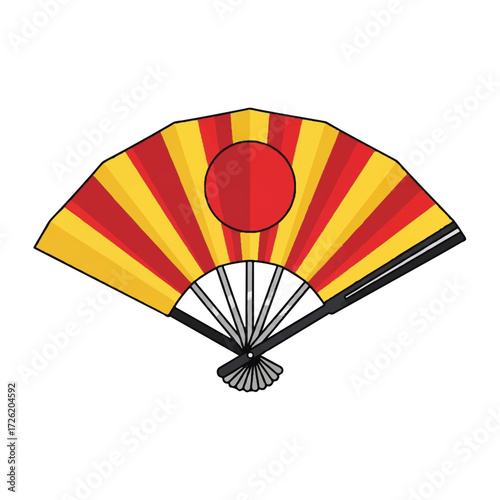 Colorful illustration of a traditional hand fan with red and yellow stripes on a white background.