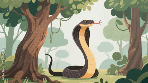 Illustration Of A Cobra Standing With Its Neck Spread Out Among Dense Trees And Large Roots Vector Design Template