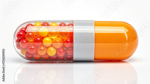 Vitamin B12 supplements concept ,orange capsule with transparent half showing bright red and yellow beads inside