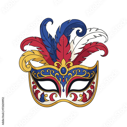 Vibrant masquerade mask with colorful feathers and ornate design on white background with a festive mood.