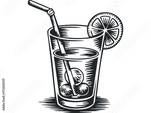 Tall glass with ice and lemon slice and straw. Vector hand drawn illustration
