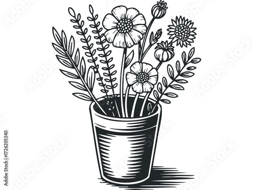 Black and white line drawing of a vase filled with flowers and foliage. Vector hand drawn illustration