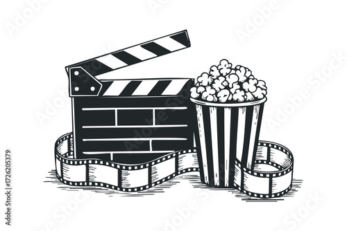 Clapperboard popcorn and film reel. Vector hand drawn illustration