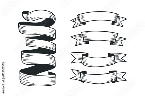 Vintage Style Ribbon Collection. Vector hand drawn illustration