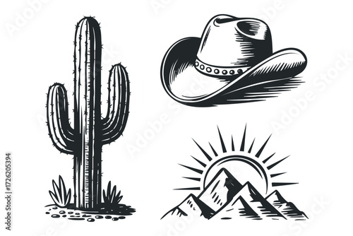 Western cowboy hat cactus and mountain sun sketch. Vector hand drawn illustration