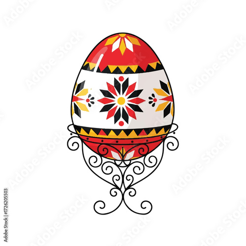 Illustration of a colorful, ornately decorated Easter egg on a decorative metal stand against a white background.