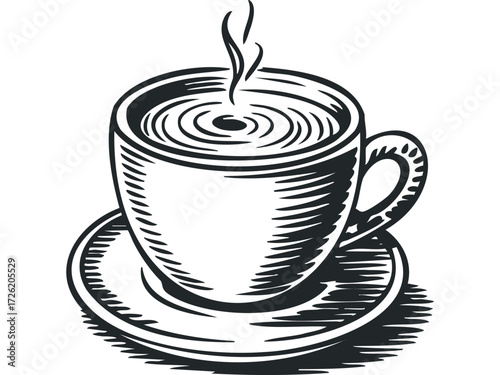 Steaming Hot Coffee Cup and Saucer Silhouette. Vector hand drawn illustration