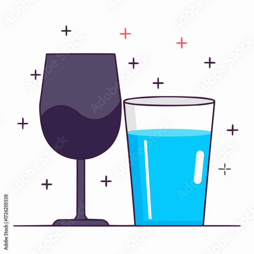Illustration of two glasses, one with dark liquid and another with blue liquid