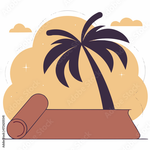 Illustration of a palm tree next to a large book with a warm background