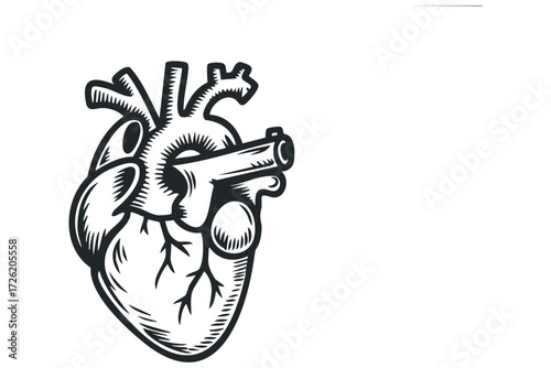 Human Heart with Gun Barrel Implies Danger and Vulnerability. Vector hand drawn illustration