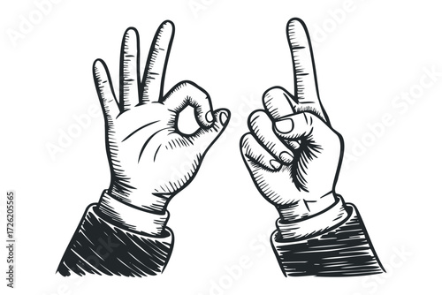 Two hands gesture, one with ok sign, one finger pointing. Vector hand drawn illustration