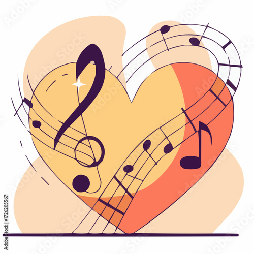 Illustration of a heart shape combined with musical notes in a vibrant design