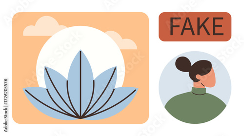 Lotus flower against sun and clouds, profile of a person next to fake label. Ideal for identity verification, misinformation, trust, validation, social media, branding, simple flat metaphor