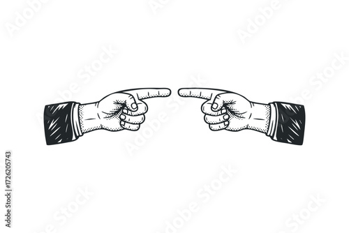 Two hands pointing fingers at each other from opposite sides. Vector hand drawn illustration