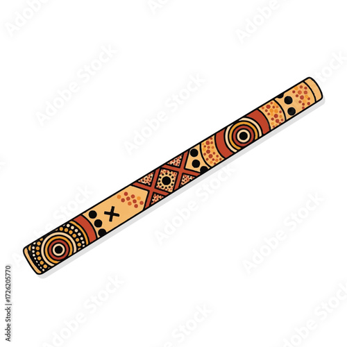 A traditional didgeridoo with vibrant Aboriginal-inspired patterns on a white background.