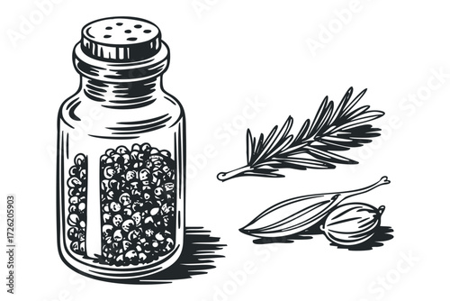 Black peppercorns in shaker and rosemary sprig. Vector hand drawn illustration
