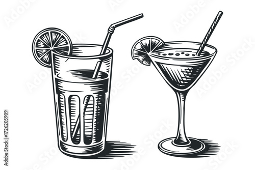 Two refreshing drinks with lime garnishes and straws. Vector hand drawn illustration
