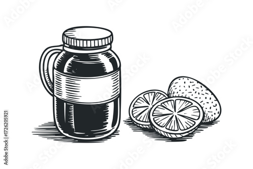 Jar of preserves with sliced citrus fruits and whole fruit. Vector hand drawn illustration