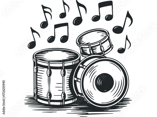 Drum Set With Musical Notes. Vector hand drawn illustration