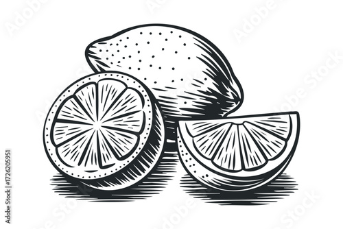 Whole and sliced citrus fruit with seed texture. Vector hand drawn illustration