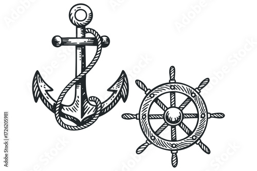 Nautical anchor and ship's wheel symbol. Vector hand drawn illustration