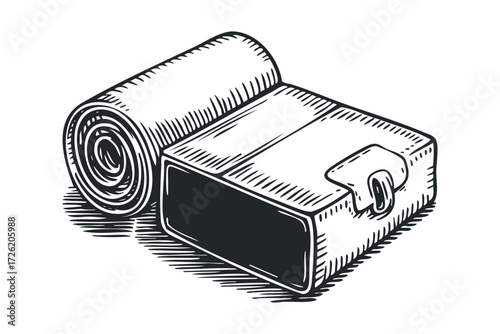 Medical Bandage Roll and Box. Vector hand drawn illustration