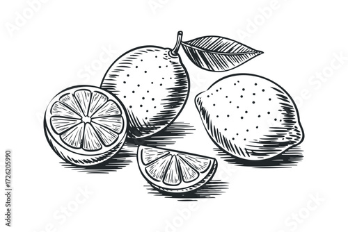 Hand Drawn Limes with Leaves and Slices. Vector hand drawn illustration
