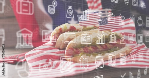 Cook straightening cloth initiating icons fading and floating while placing sandwich for business