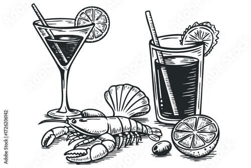 Lobster and Cocktails with Citrus and Olives. Vector hand drawn illustration