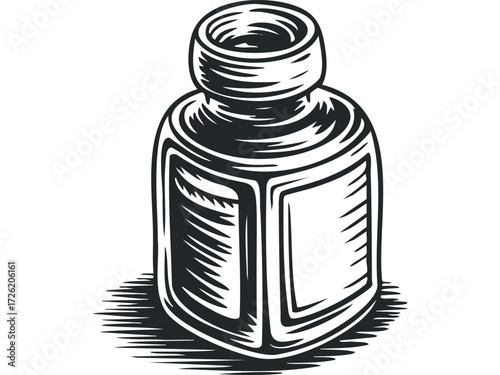 Ink Bottle with Label Area in Vintage Style. Vector hand drawn illustration