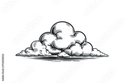 Detailed cloud drawing with engraved style shading. Vector hand drawn illustration