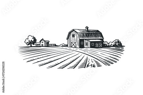 Rural farm with barn and tilled field sketch. Vector hand drawn illustration