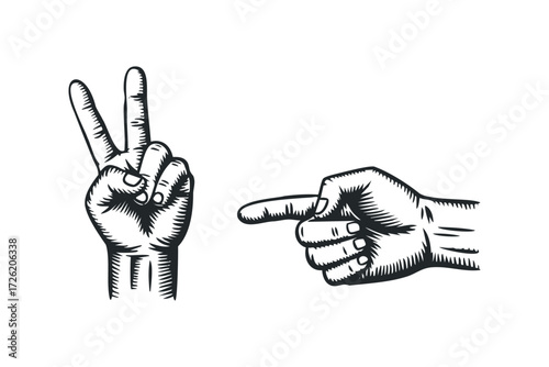 Hand gestures pointing and peace symbol. Vector hand drawn illustration