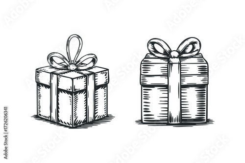 Two drawn gift boxes with ribbon and bow. Vector hand drawn illustration