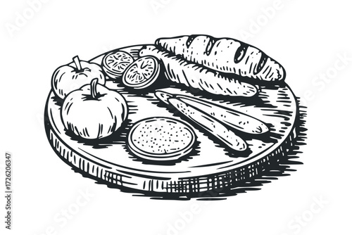 Hand Drawn Still Life of Food Items on Wooden Board. Vector hand drawn illustration