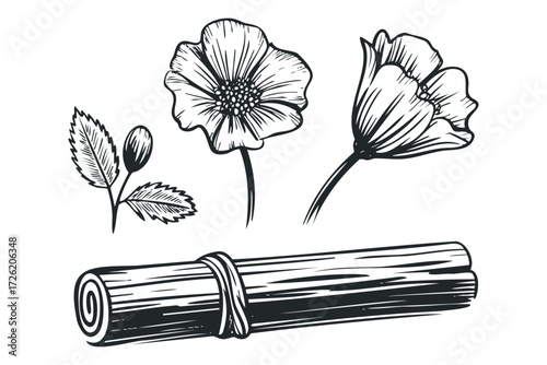 Botanical sketch of wildflowers and bound reeds. Vector hand drawn illustration