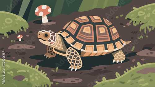 Illustration Of A Small, Uniquely Patterned Asian Box Turtle Crawling On Damp Ground With Moss And Fungi Vector Design Template