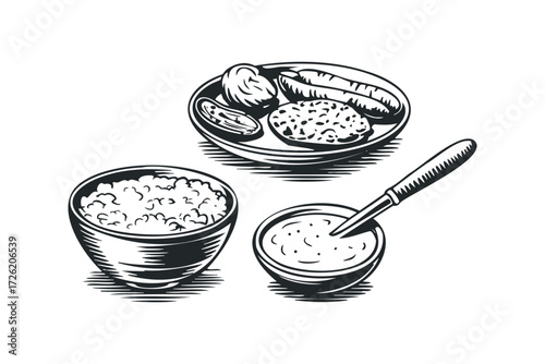Bowl of porridge with sausage and stewed fruit. Vector hand drawn illustration